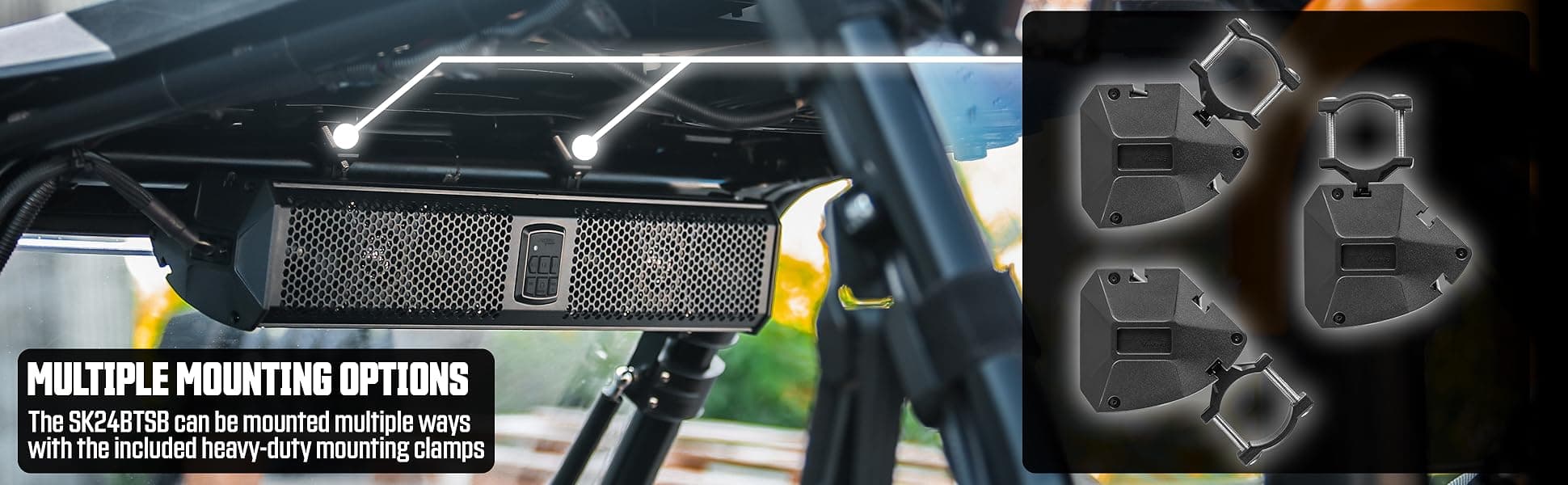 SK24BTSB multiple mounting options showing the sound bar mounted overhead in a UTV with heavy-duty clamps